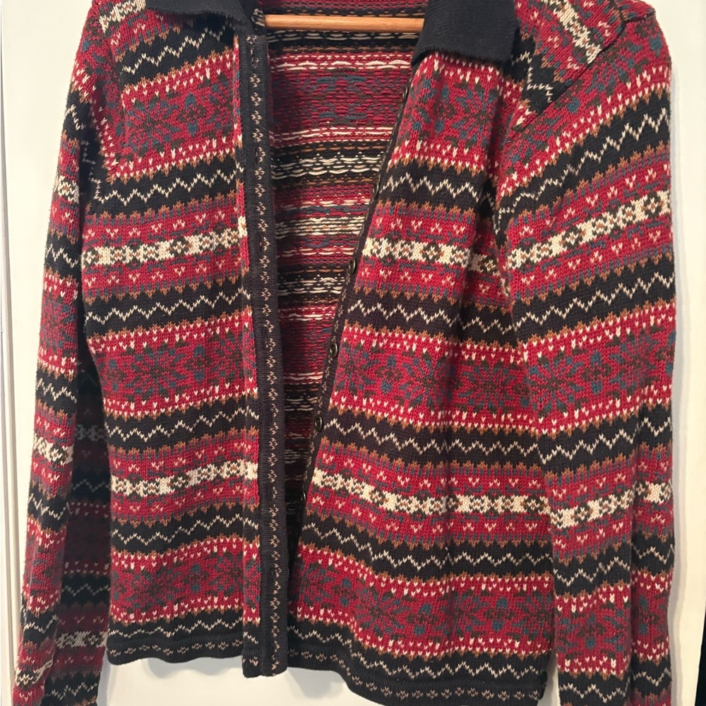 Vtg Paul Harris Fair Isle Knit Shetland Wool Cardigan Sweater Navy Red M